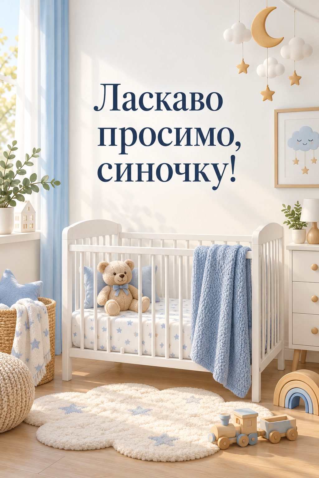 Листівка з народженням сина: ліжечко з блакитною ковдрою й плюшевий ведмедик, напис «Ласкаво просимо, синочку!»