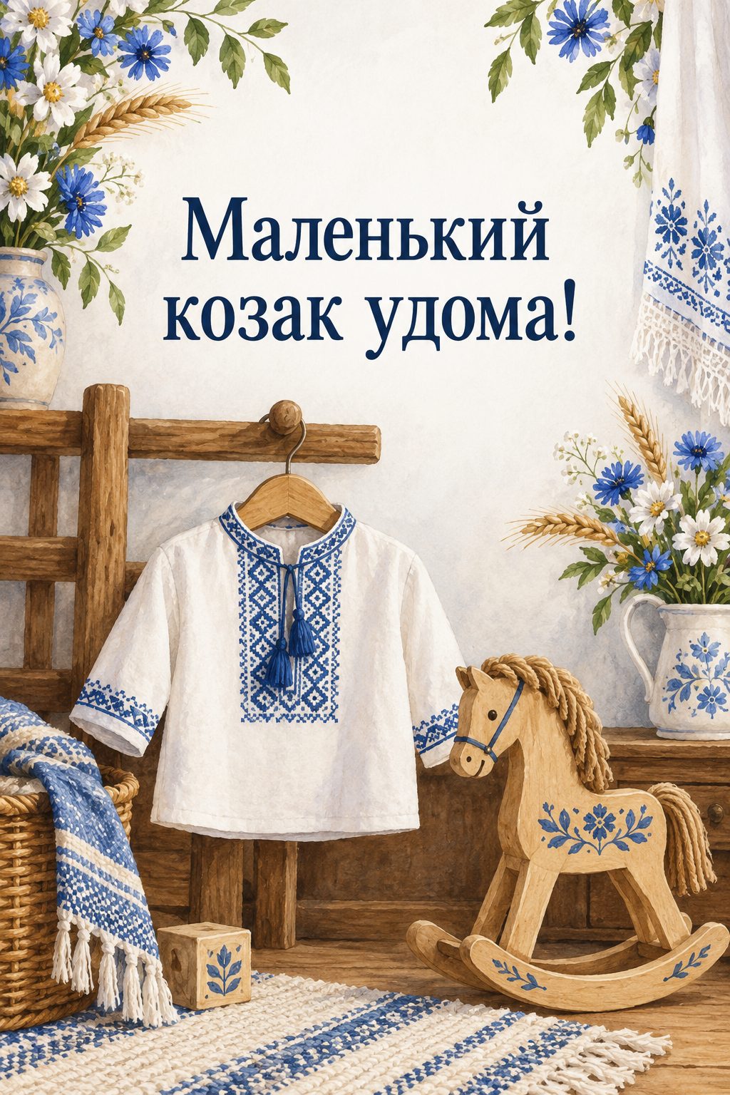 Листівка з народженням сина: маленька вишиванка на вішачку й дерев'яний коник, напис «Маленький козак удома!»