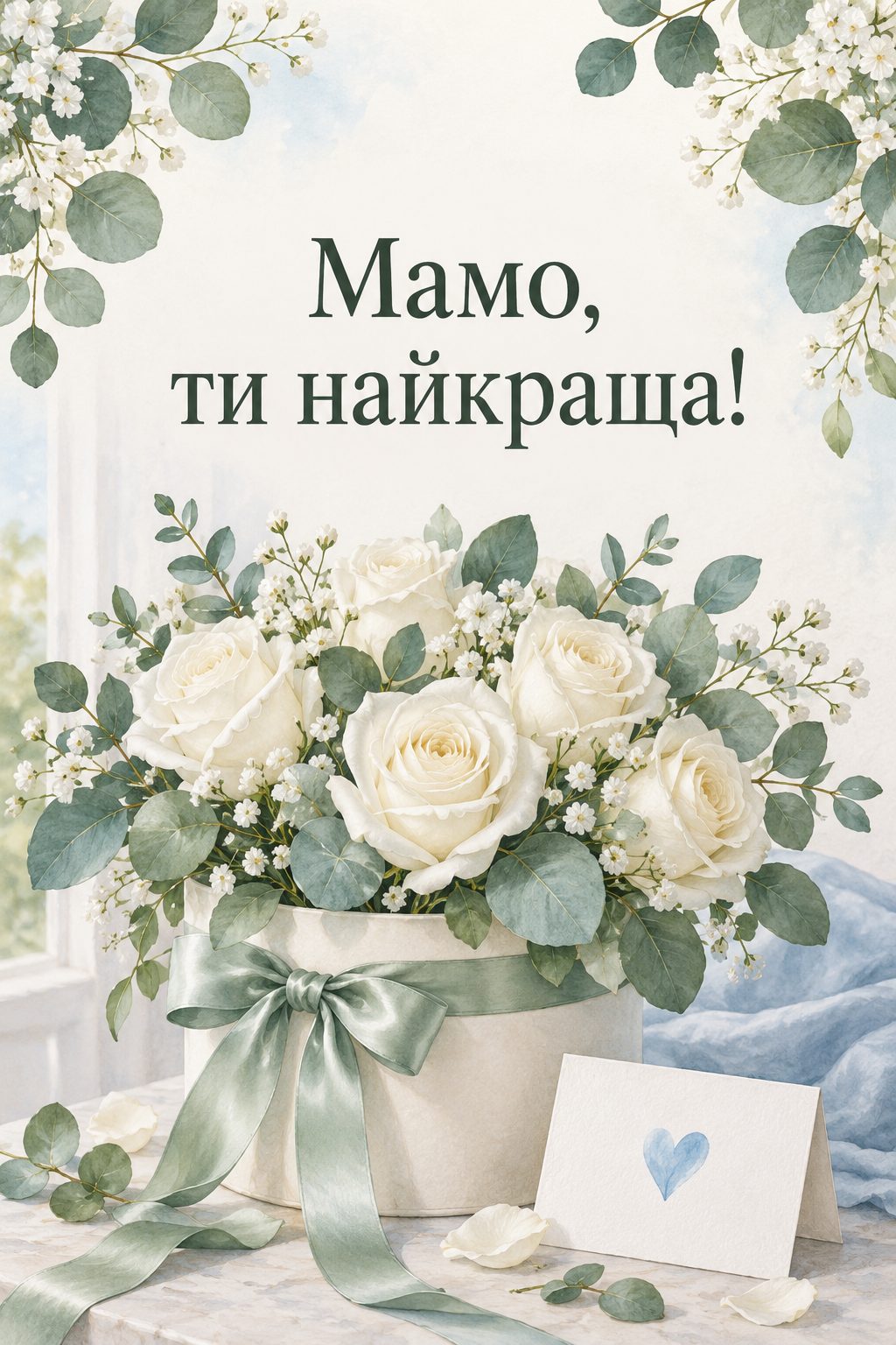 Листівка з народженням сина: білі троянди з евкаліптом і листівка з блакитним серцем, напис «Мамо, ти найкраща!»
