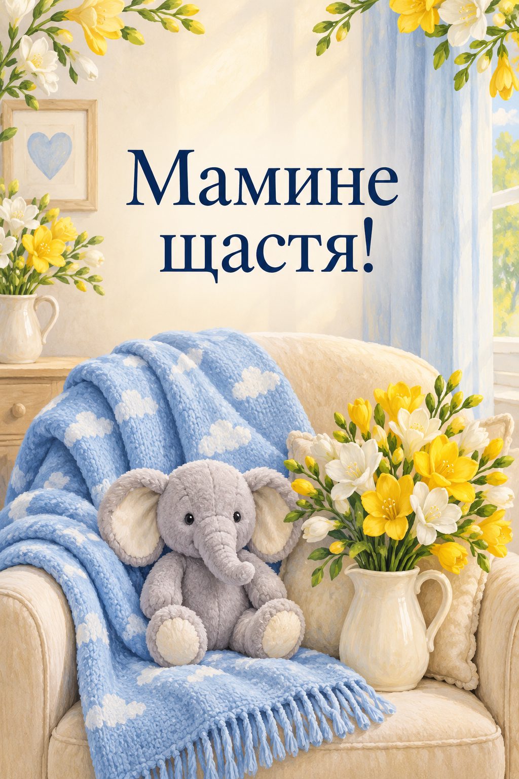 Листівка з народженням сина: блакитна ковдрочка на кріслі, слоник і фрезії, напис «Мамине щастя!»