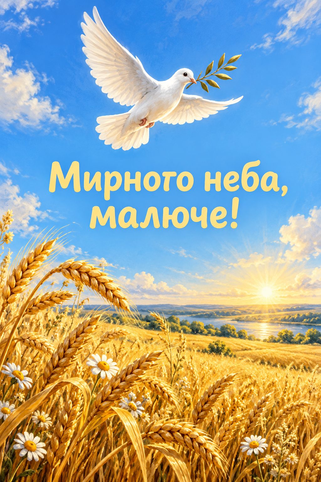 Листівка з народженням сина: білий голуб над пшеничним полем, напис «Мирного неба, малюче!»