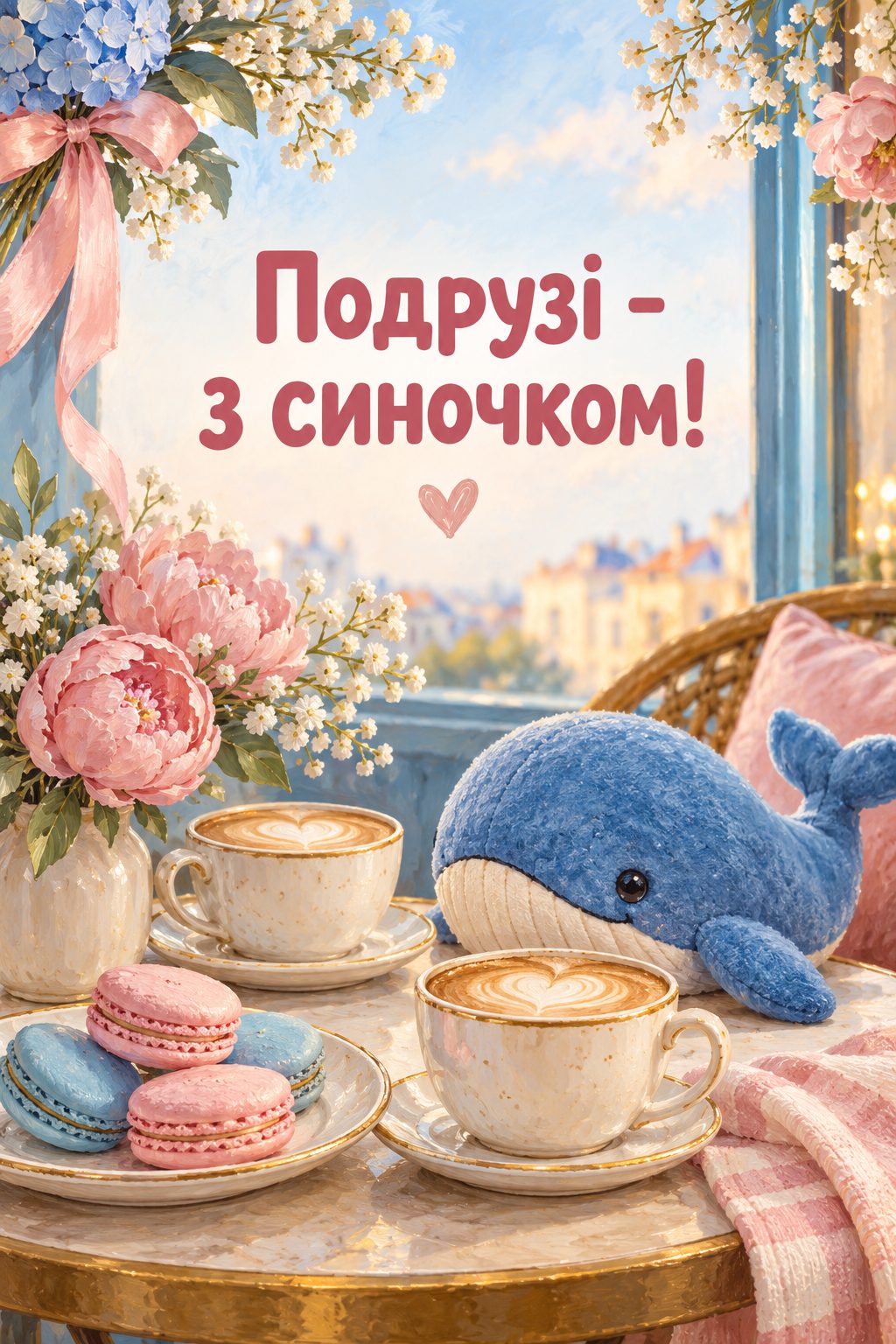 Листівка з народженням сина: дві чашки капучино, макаруни й плюшевий кит, напис «Подрузі - з синочком!»