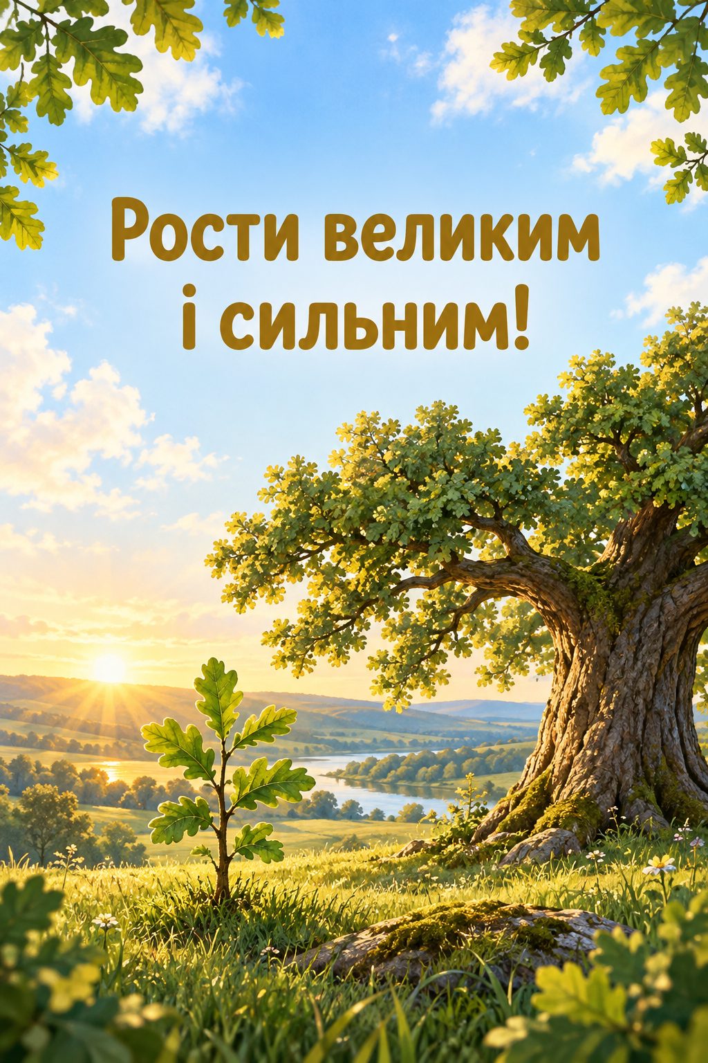 Листівка з народженням сина: молодий дубок поруч зі старим дубом, напис «Рости великим і сильним!»