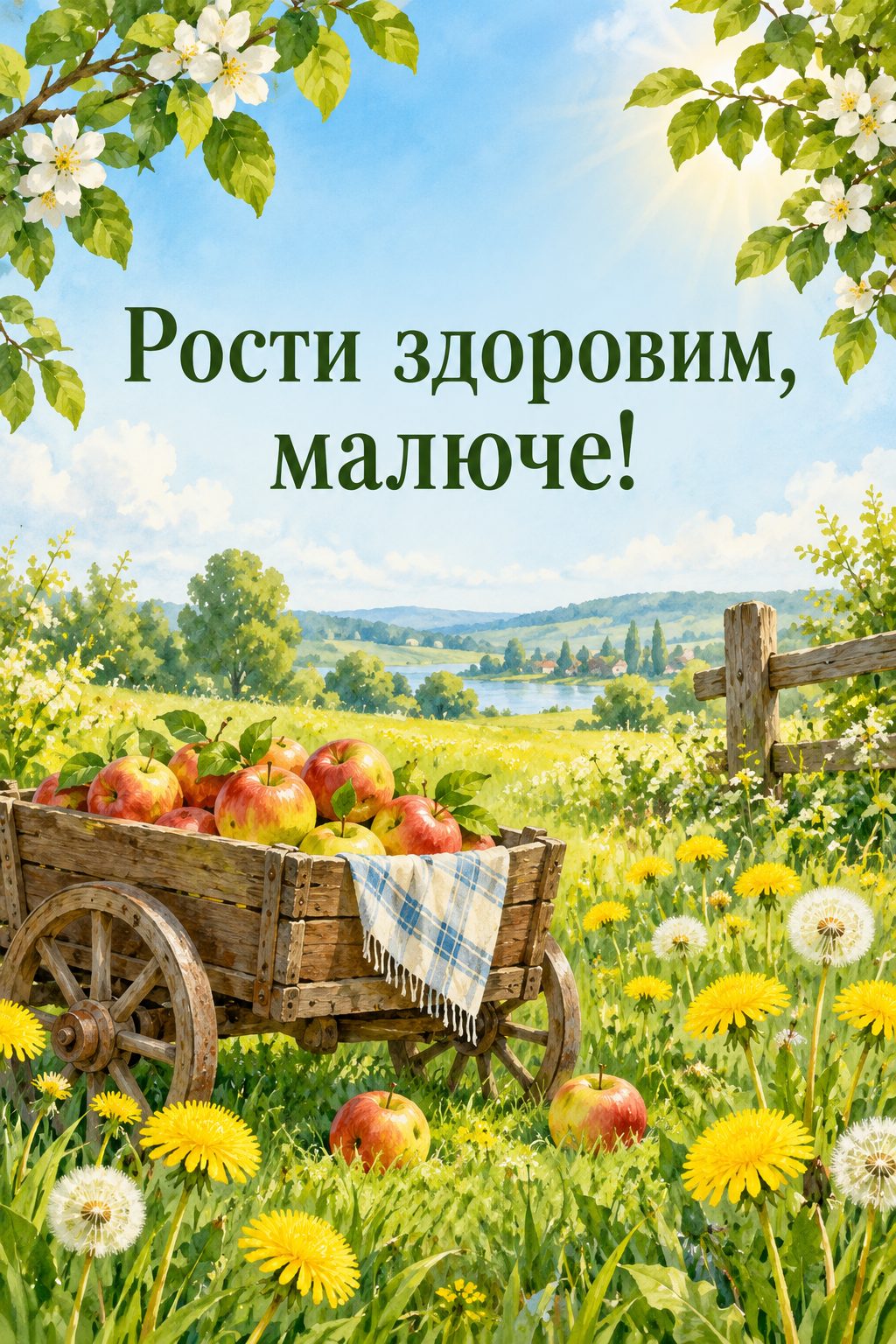 Листівка з народженням сина: сонячний луг із кульбабами й візок яблук, напис «Рости здоровим, малюче!»