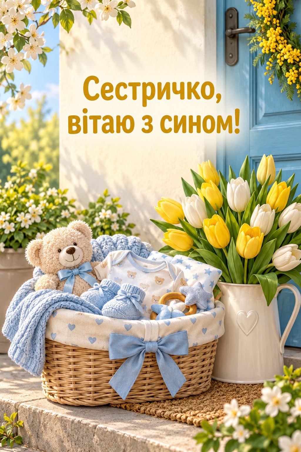 Листівка з народженням сина: подарунковий кошик із дитячими речами й тюльпани, напис «Сестричко, вітаю з сином!»
