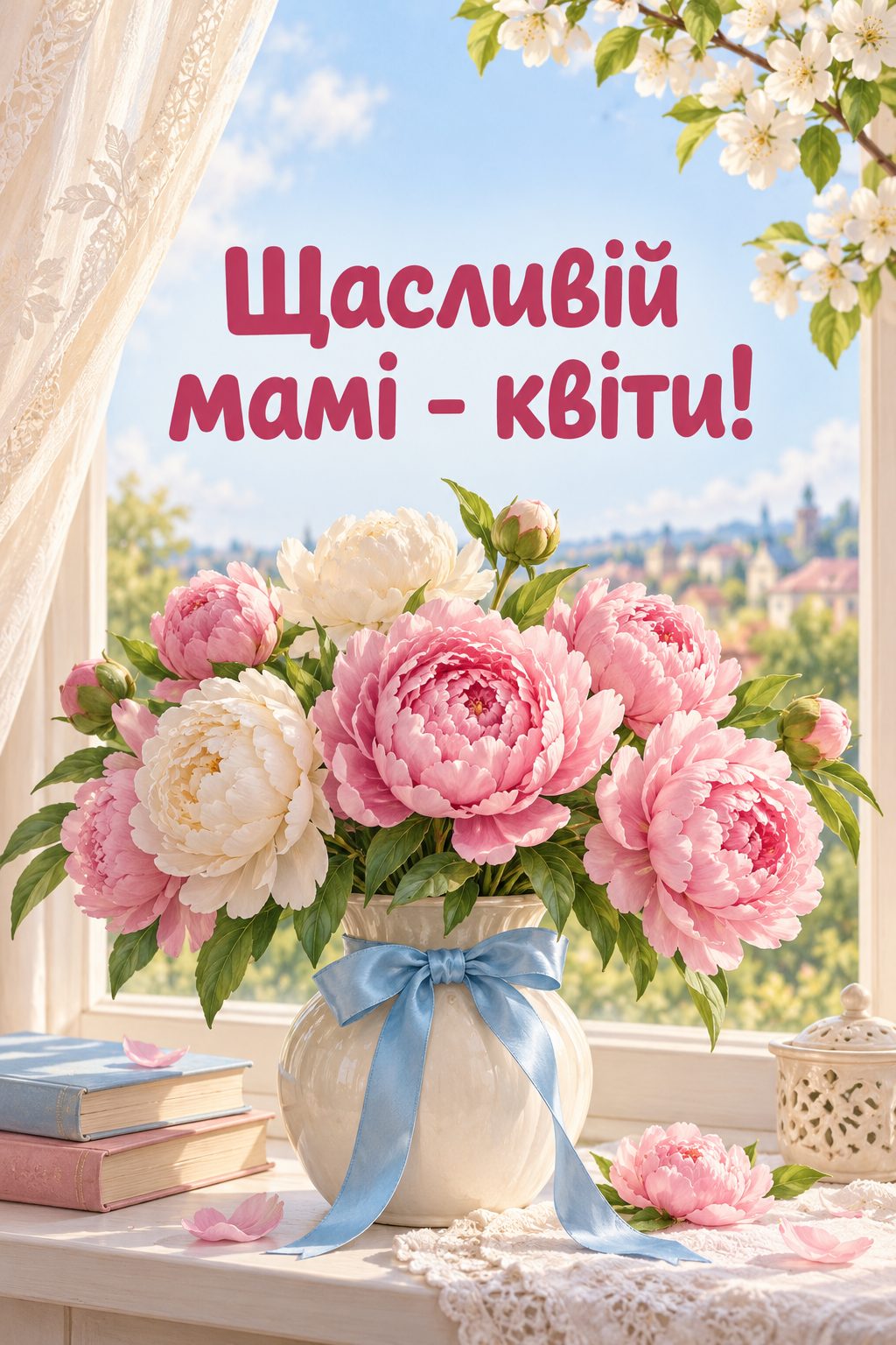 Листівка з народженням сина: півонії у вазі на підвіконні з блакитною стрічкою, напис «Щасливій мамі - квіти!»
