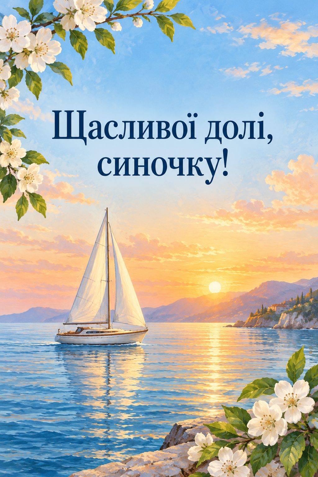 Листівка з народженням сина: маленький вітрильник на тихій воді на світанку, напис «Щасливої долі, синочку!»