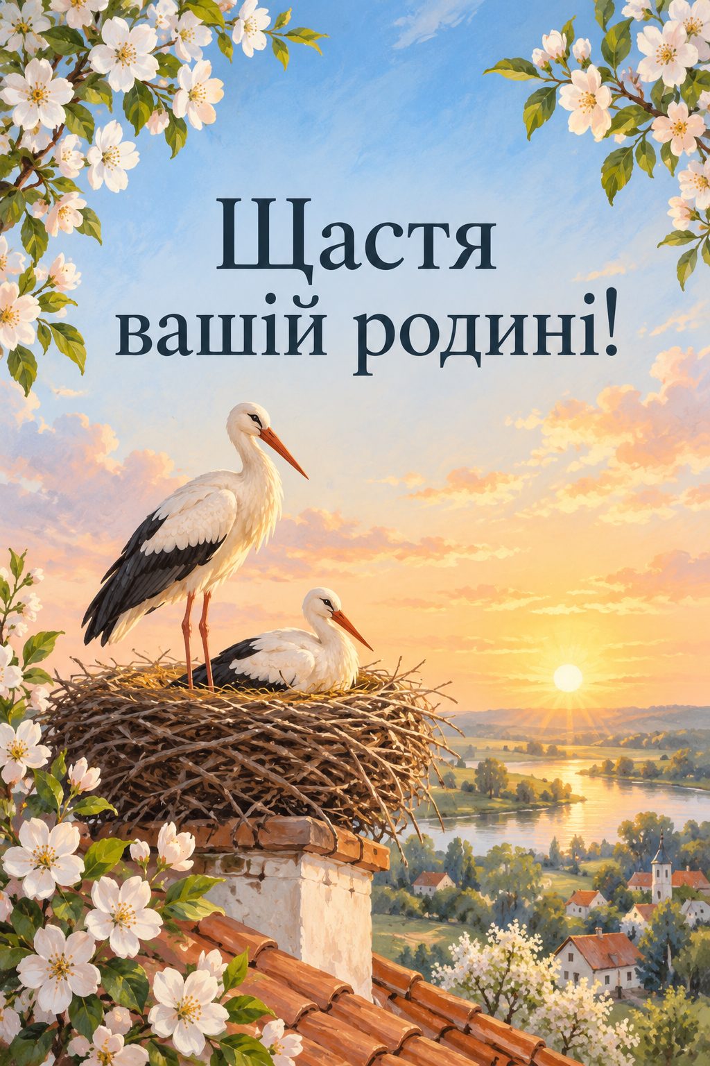 Листівка з народженням сина: гніздо з двома лелеками на даху на світанку, напис «Щастя вашій родині!»