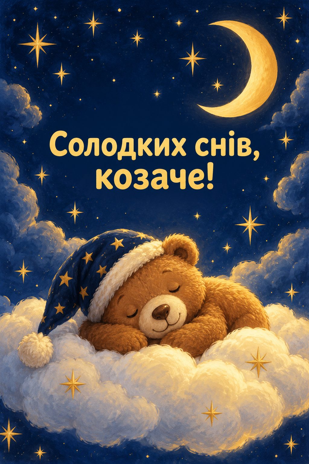Листівка з народженням сина: місяць і зорі над хмаринкою з ведмедиком, напис «Солодких снів, козаче!»