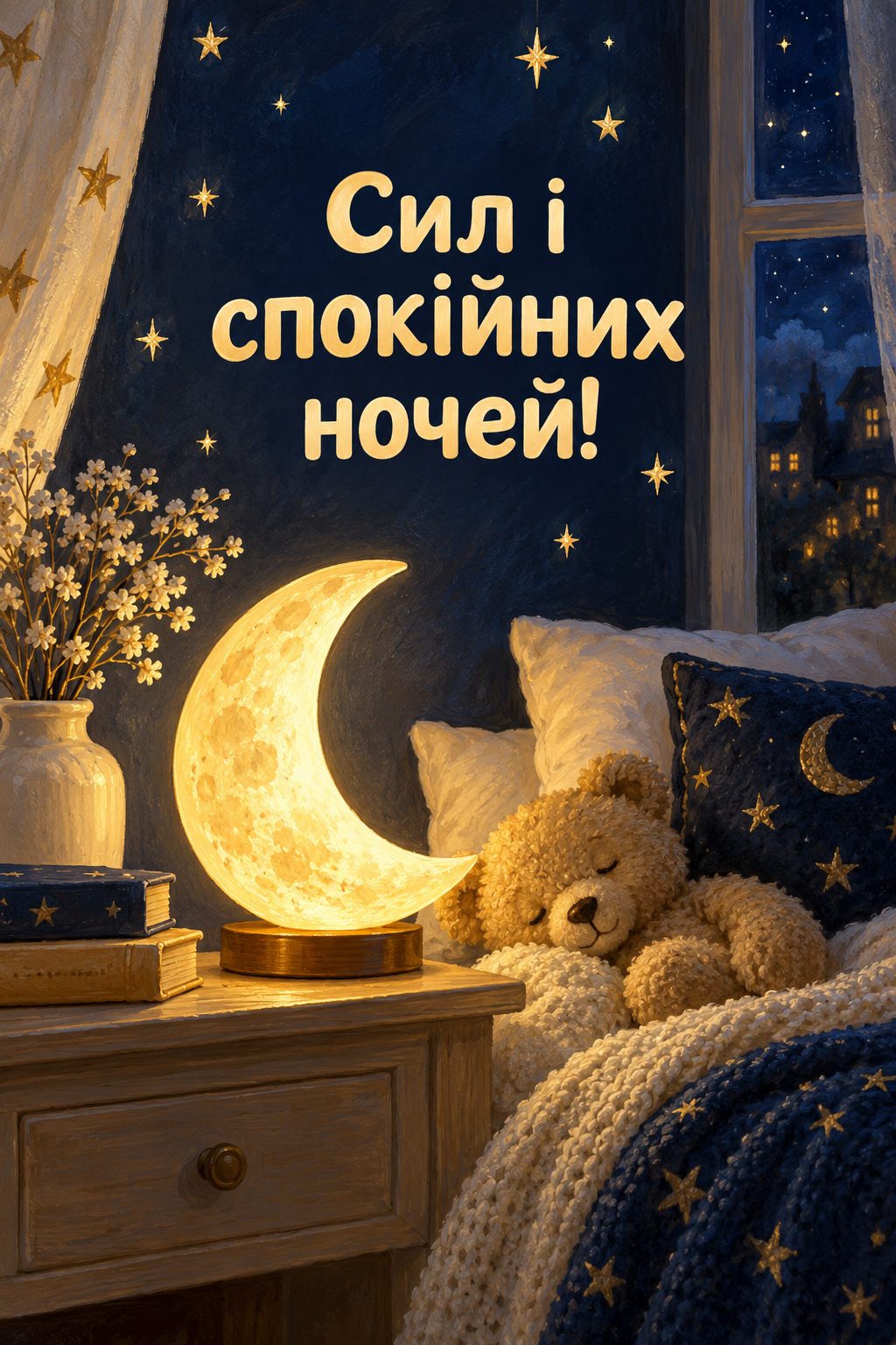Листівка з народженням сина: нічник-місяць на тумбочці біля м'якої іграшки, напис «Сил і спокійних ночей!»