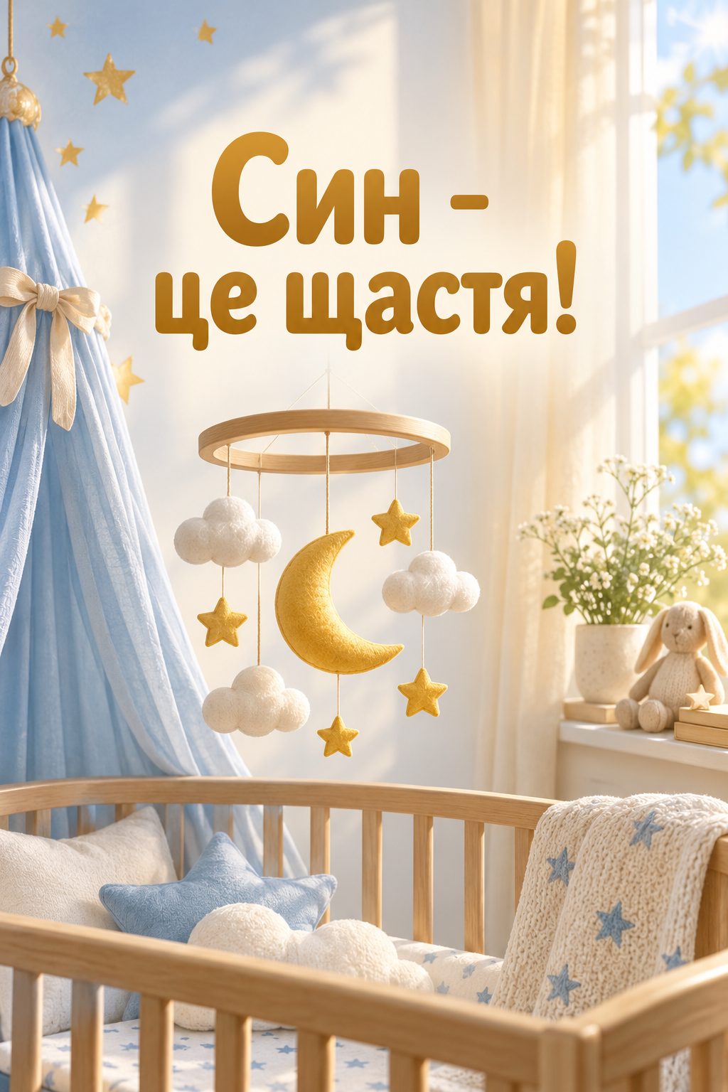 Листівка з народженням сина: мобіль із зірками, хмаринками й місяцем у дитячій, напис «Син - це щастя!»