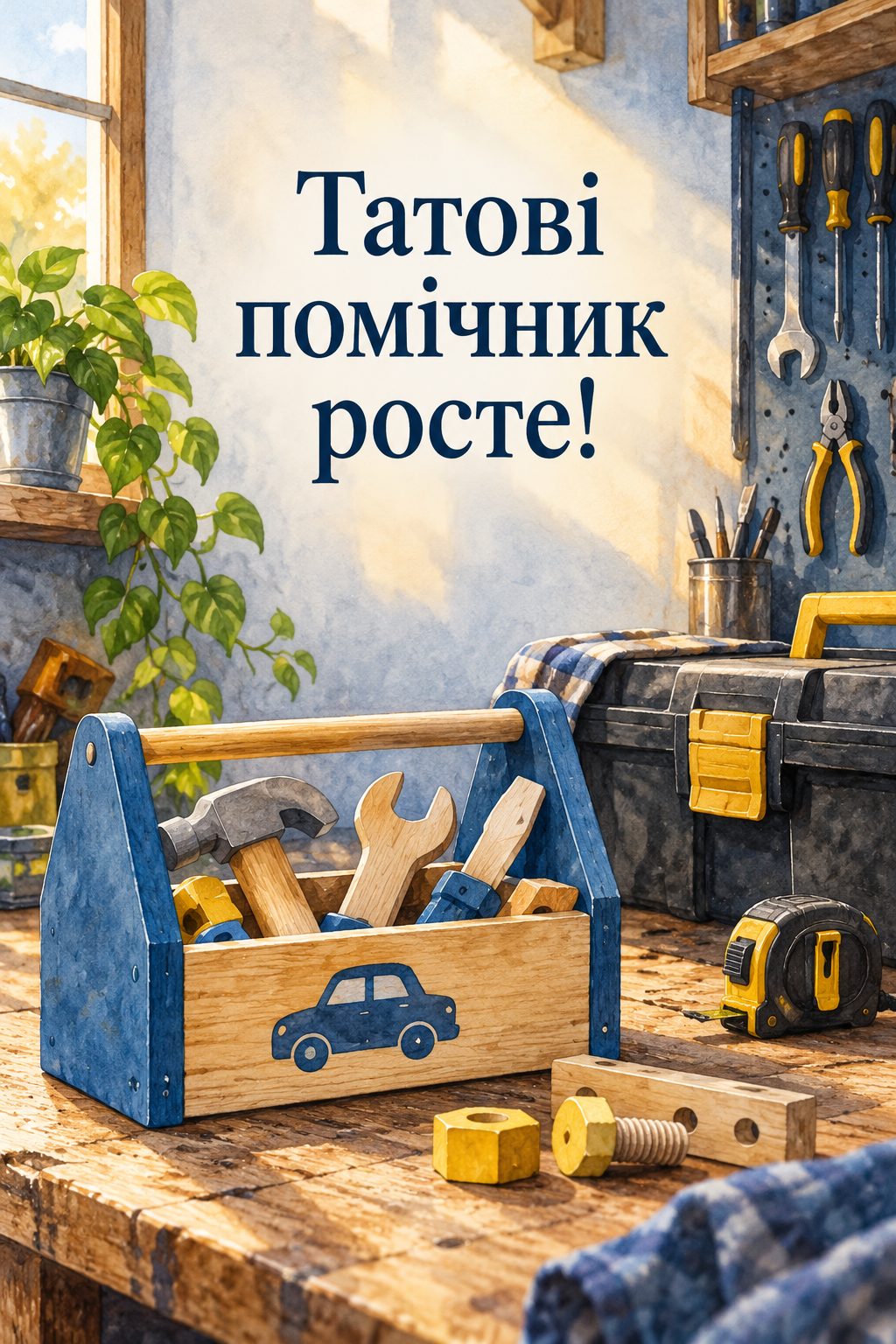 Листівка з народженням сина: іграшкові інструменти біля справжнього ящика, напис «Татові помічник росте!»