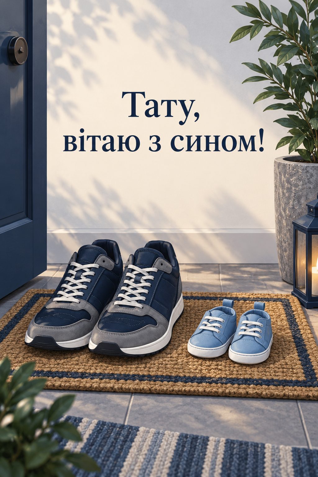Листівка з народженням сина: великі кросівки й крихітні блакитні черевички поруч, напис «Тату, вітаю з сином!»