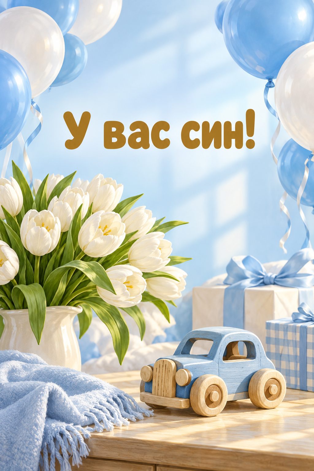 Листівка з народженням сина: блакитні й білі кульки, дерев'яна машинка й білі тюльпани, напис «У вас син!»
