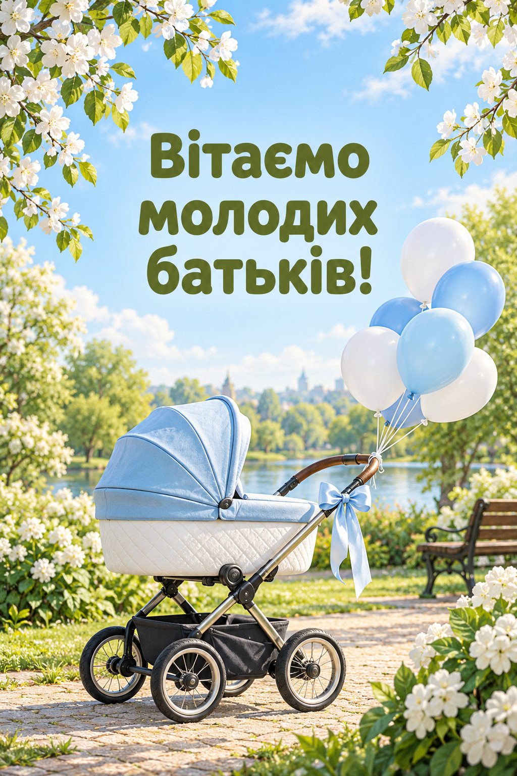 Листівка з народженням сина: візочок із блакитним капюшоном і кульками в парку, напис «Вітаємо молодих батьків!»