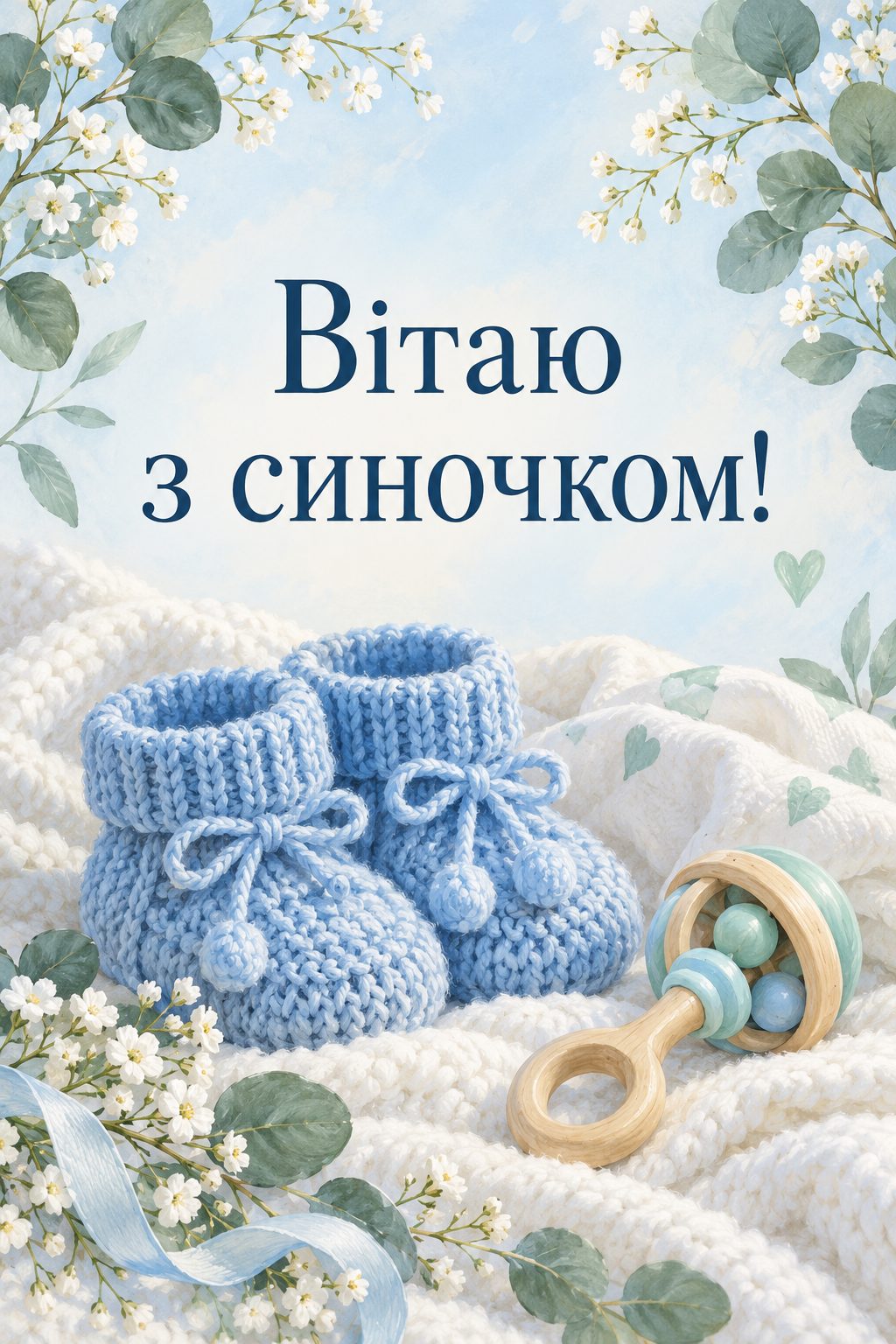 Листівка з народженням сина: блакитні пінетки й брязкальце на білій ковдрі, напис «Вітаю з синочком!»