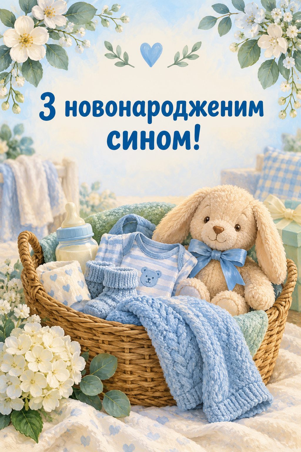 Листівка з народженням сина: кошик із блакитним одягом, пляшечкою й зайчиком, напис «З новонародженим сином!»