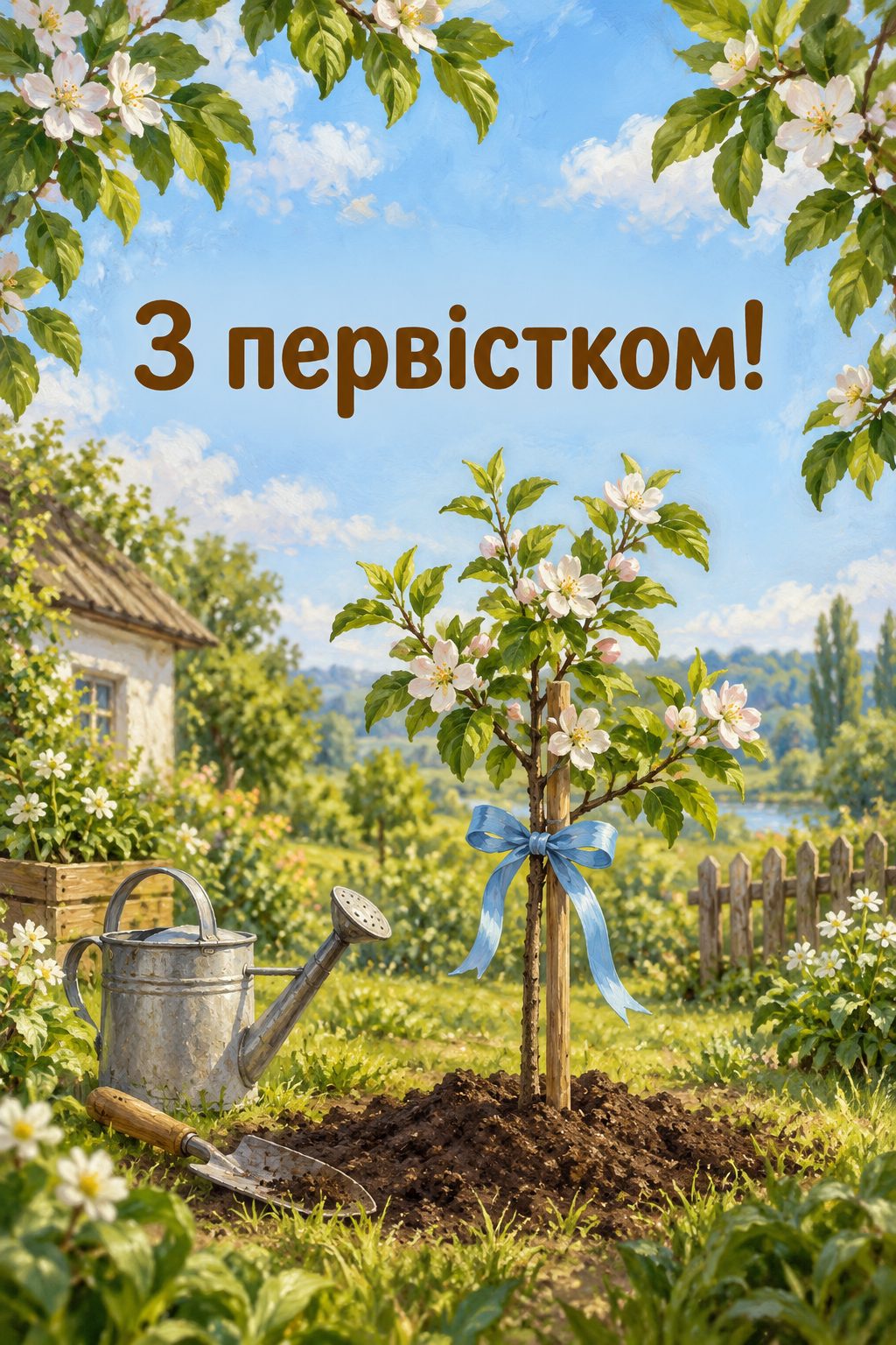 Листівка з народженням сина: молода яблунька з блакитною стрічкою й лійка, напис «З первістком!»