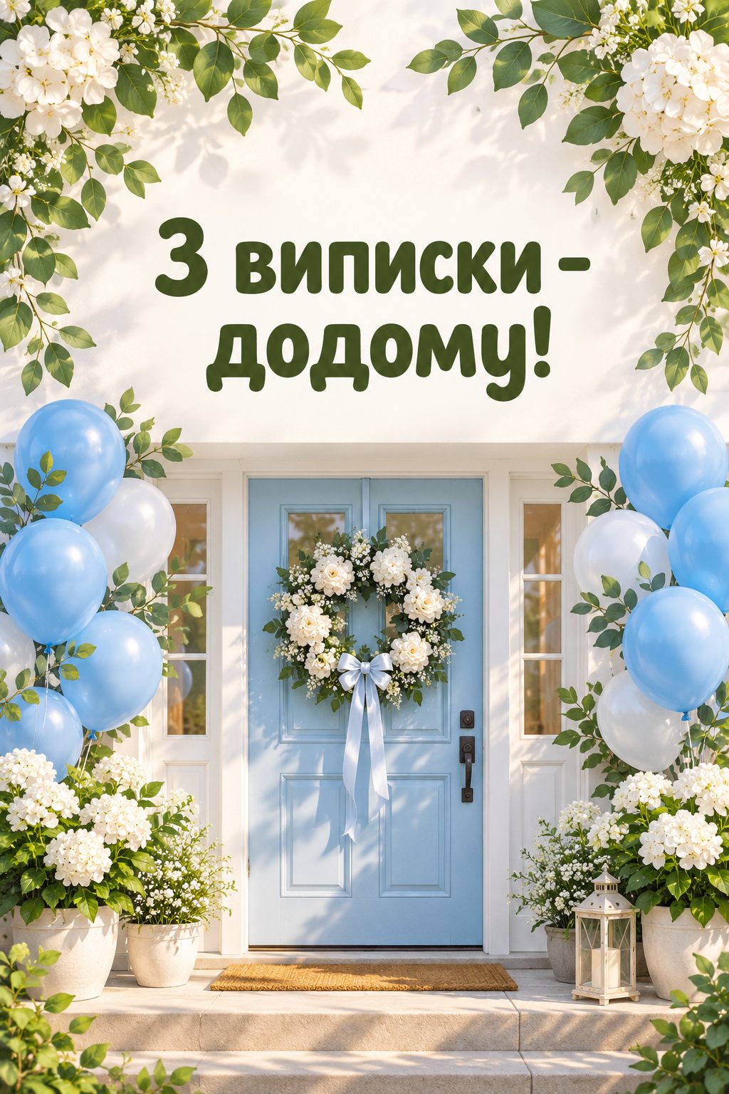 Листівка з народженням сина: вхідні двері з блакитними кульками й вінком із білих квітів, напис «З виписки - додому!»