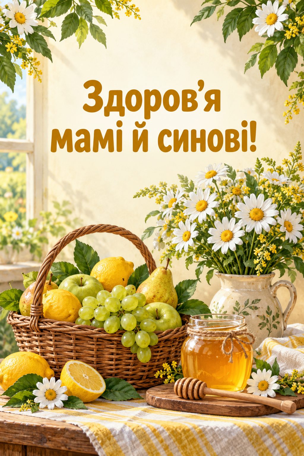 Листівка з народженням сина: кошик фруктів, мед і букет ромашок, напис «Здоров'я мамі й синові!»