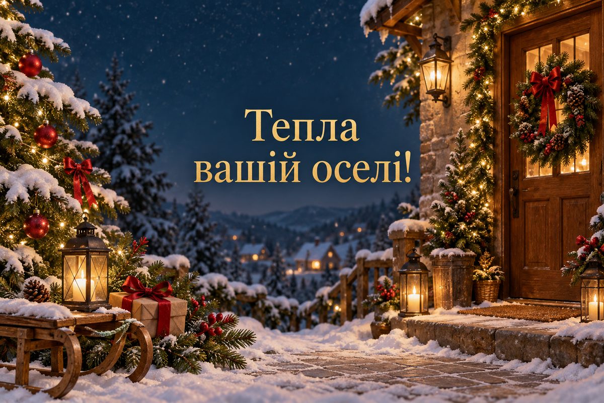 Листівка з Новим роком: дім із вінком на дверях, напис «Тепла вашій оселі!»