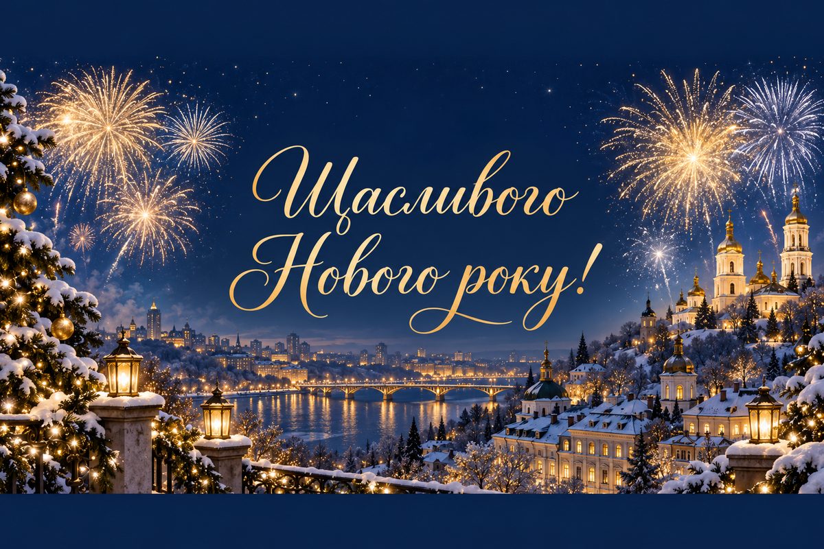 Листівка з Новим роком: феєрверк над засніженим містом, напис «Щасливого Нового року!»