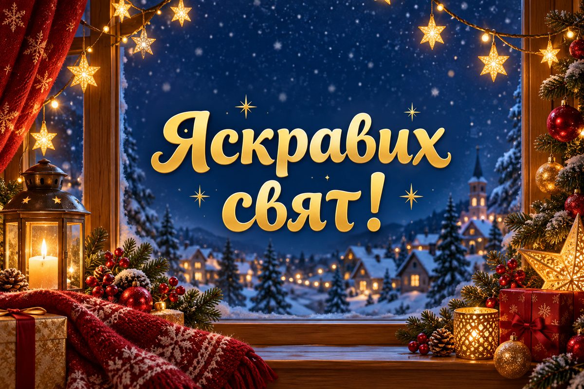 Листівка з Новим роком: гірлянда на вікні, напис «Яскравих свят!»