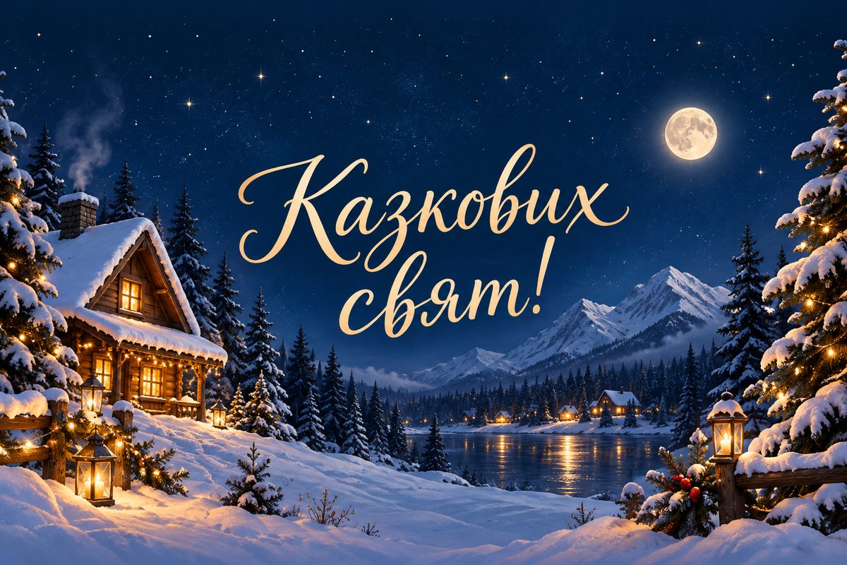 Листівка з Новим роком: засніжена хатинка в лісі, напис «Казкових свят!»
