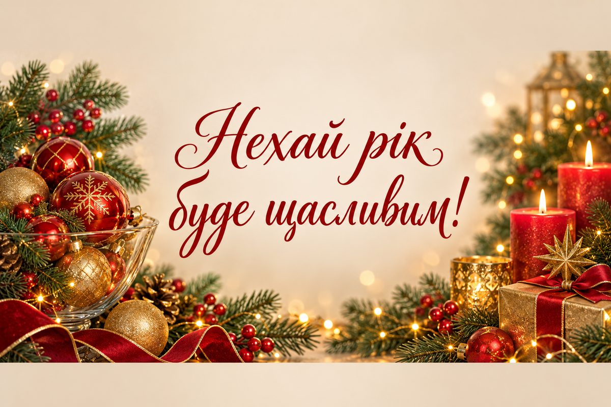 Листівка з Новим роком: кульки й свічки з гілками ялиці, напис «Нехай рік буде щасливим!»