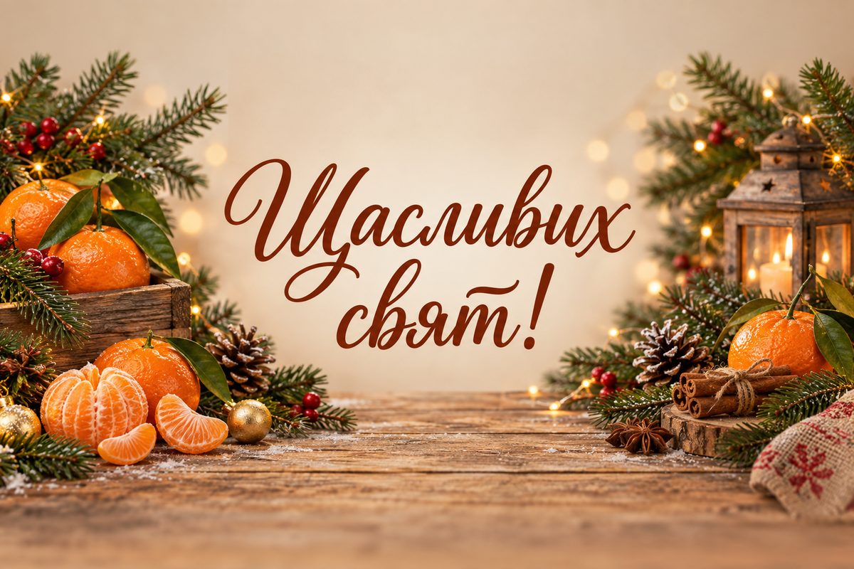 Листівка з Новим роком: мандарини й гілки ялиці, напис «Щасливих свят!»