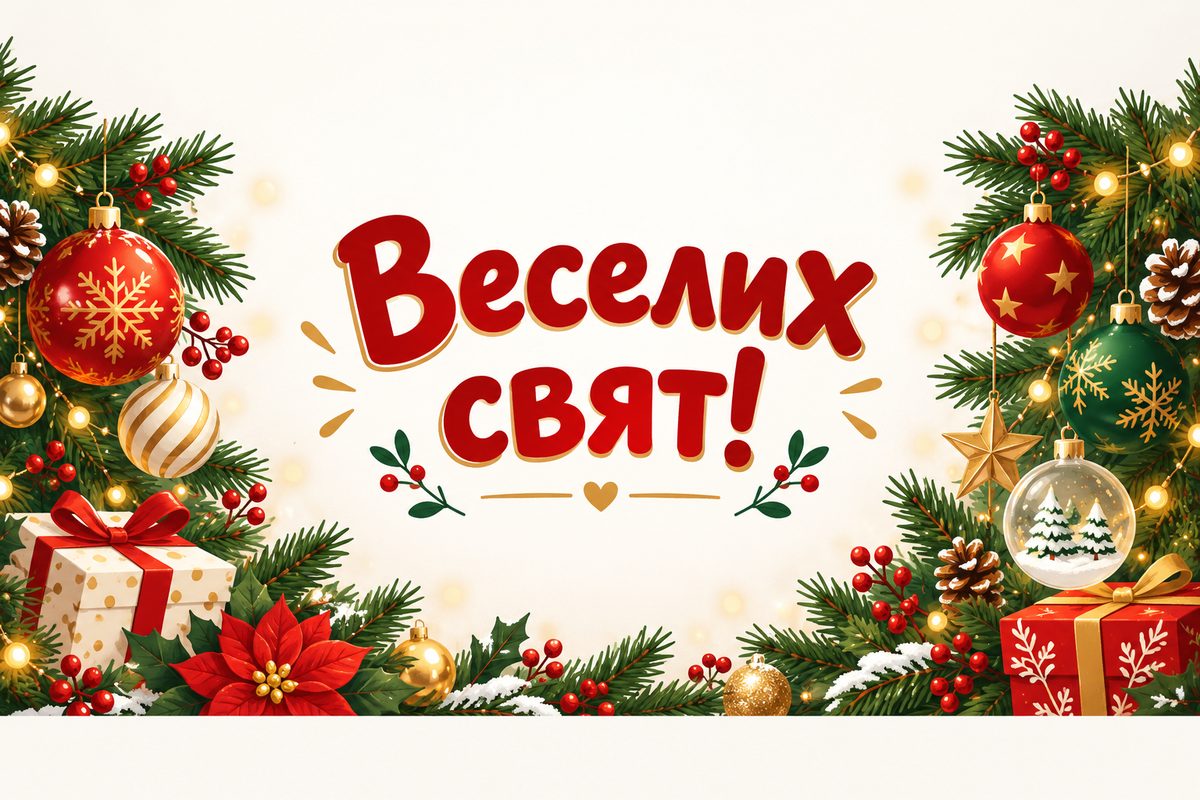Листівка з Новим роком: новорічні прикраси й гірлянди, напис «Веселих свят!»