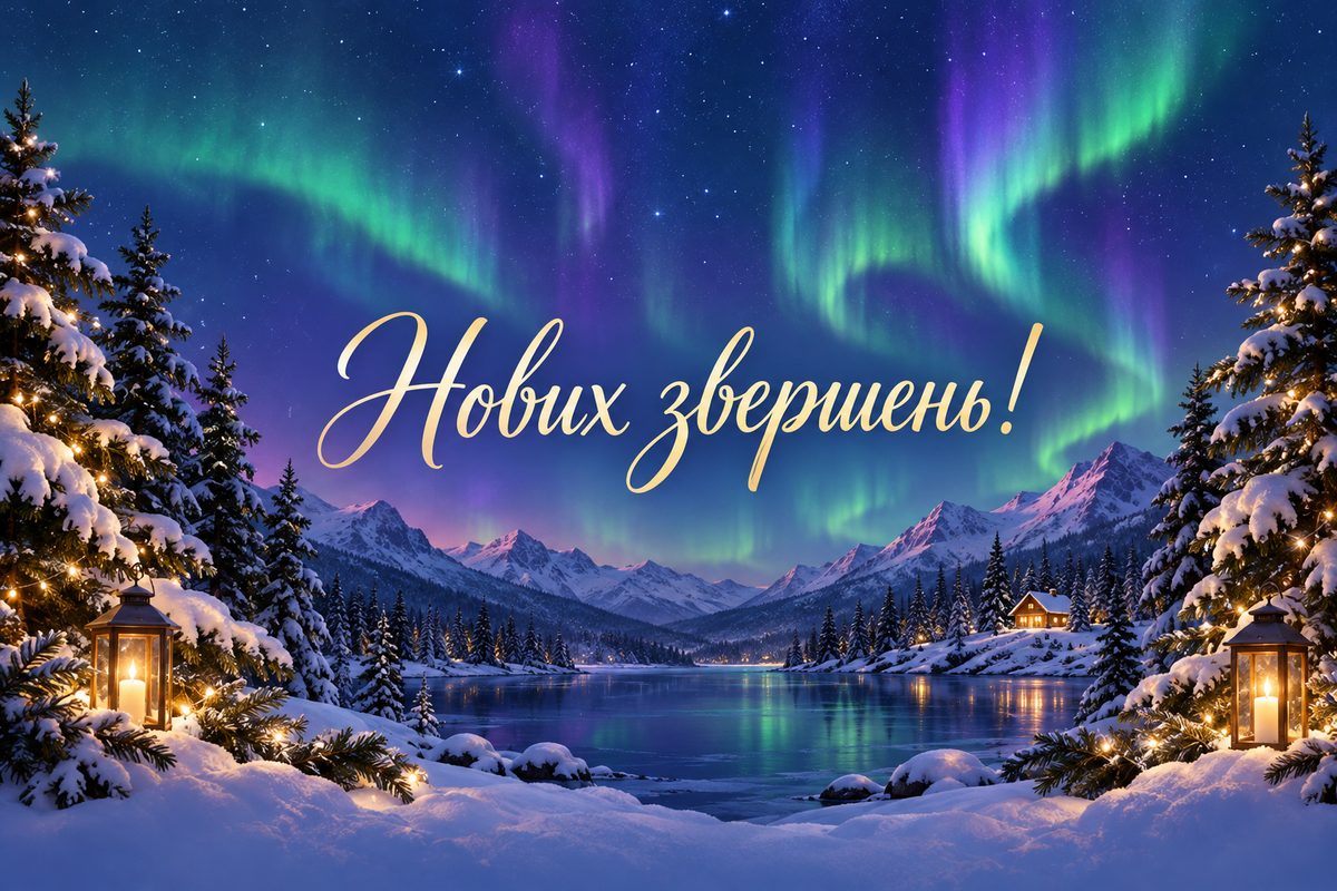 Листівка з Новим роком: північне сяйво над лісом, напис «Нових звершень!»