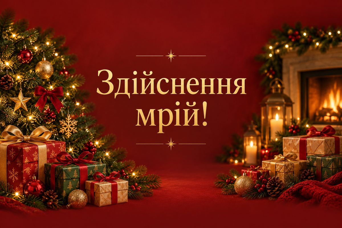 Листівка з Новим роком: подарунки під ялинкою, напис «Здійснення мрій!»