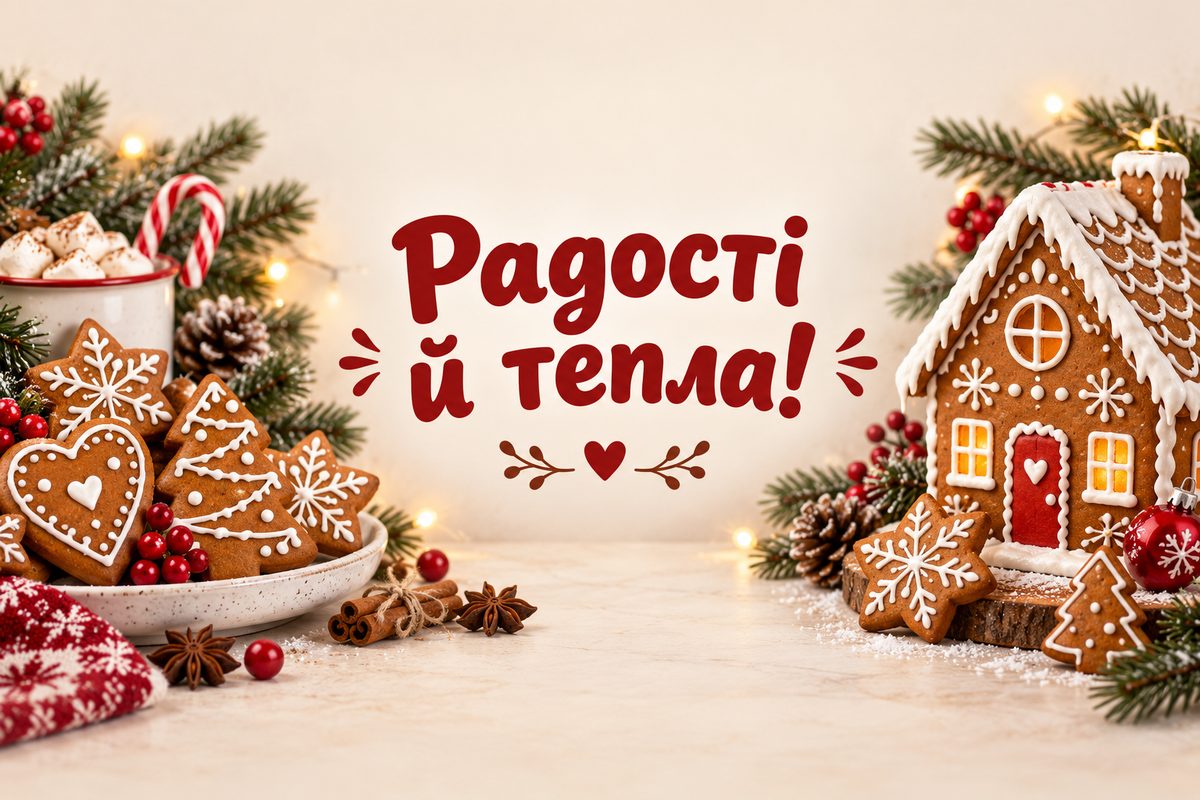 Листівка з Новим роком: пряники й пряниковий будиночок, напис «Радості й тепла!»