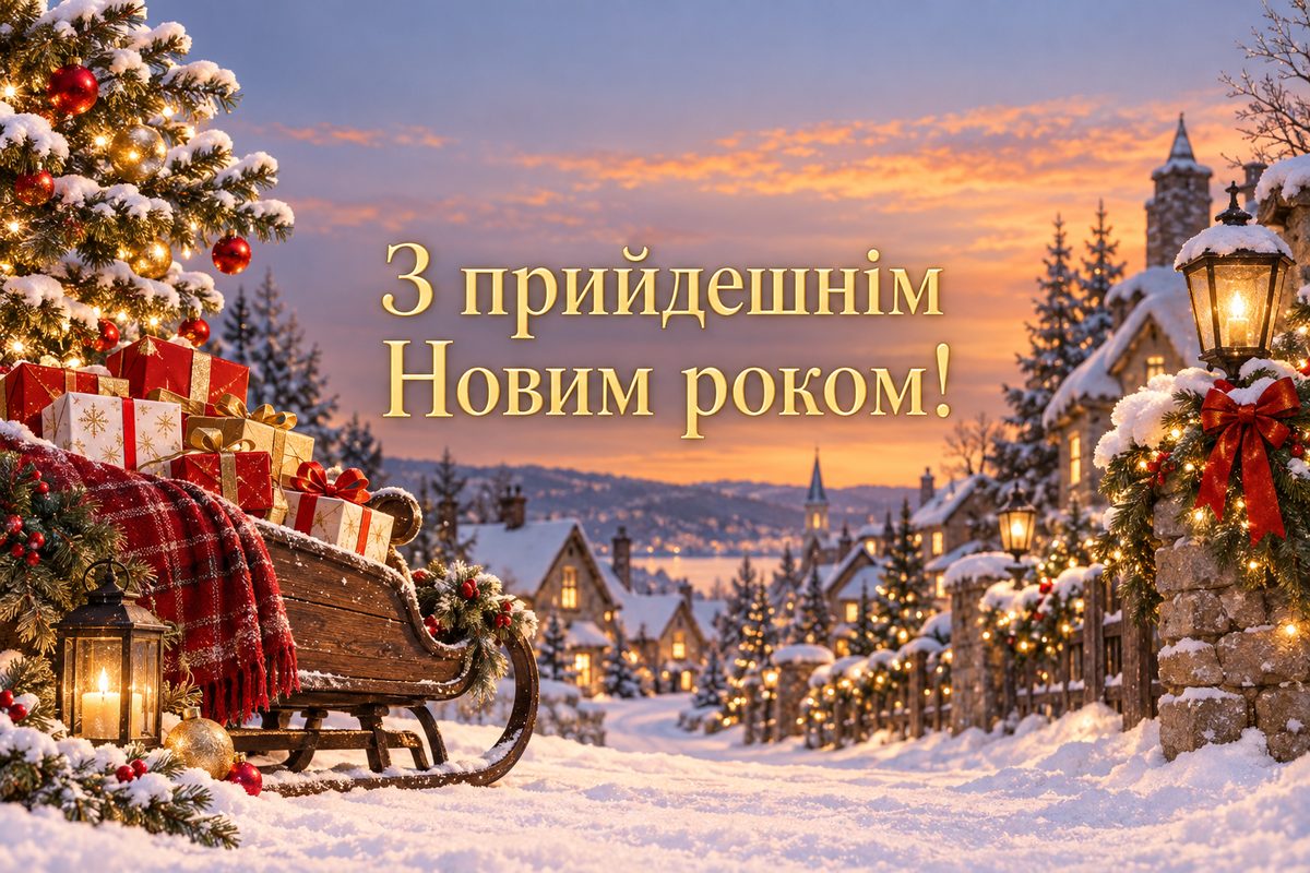 Листівка з Новим роком: сани з подарунками, напис «З прийдешнім Новим роком!»