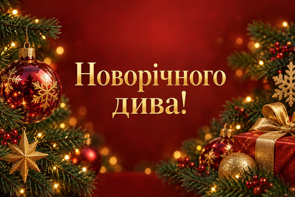 Листівка з Новим роком: скляна кулька на гілці ялинки, напис «Новорічного дива!»