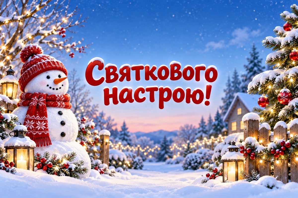 Листівка з Новим роком: сніговик у саду, напис «Святкового настрою!»