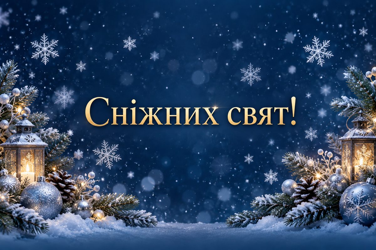 Листівка з Новим роком: сніжинки на темно-синьому тлі, напис «Сніжних свят!»
