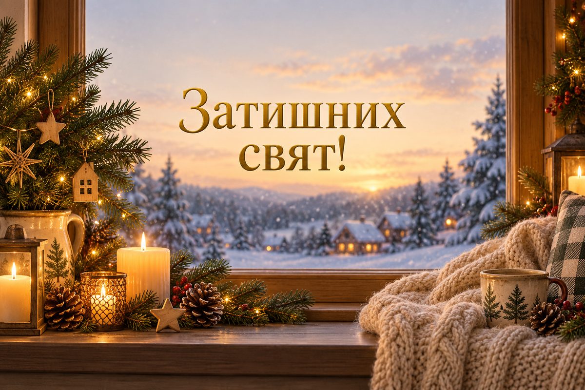 Листівка з Новим роком: свічки й шишки на підвіконні, напис «Затишних свят!»