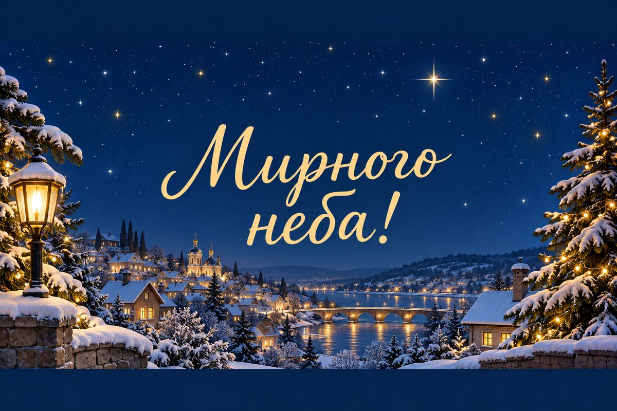 Листівка з Новим роком: тихе засніжене місто вночі, напис «Мирного неба!»