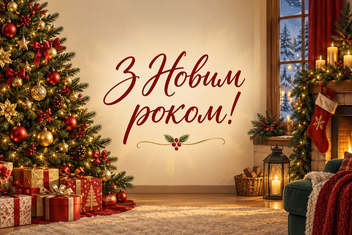 Листівка з Новим роком: ялинка з вогниками у вітальні, напис «З Новим роком!»
