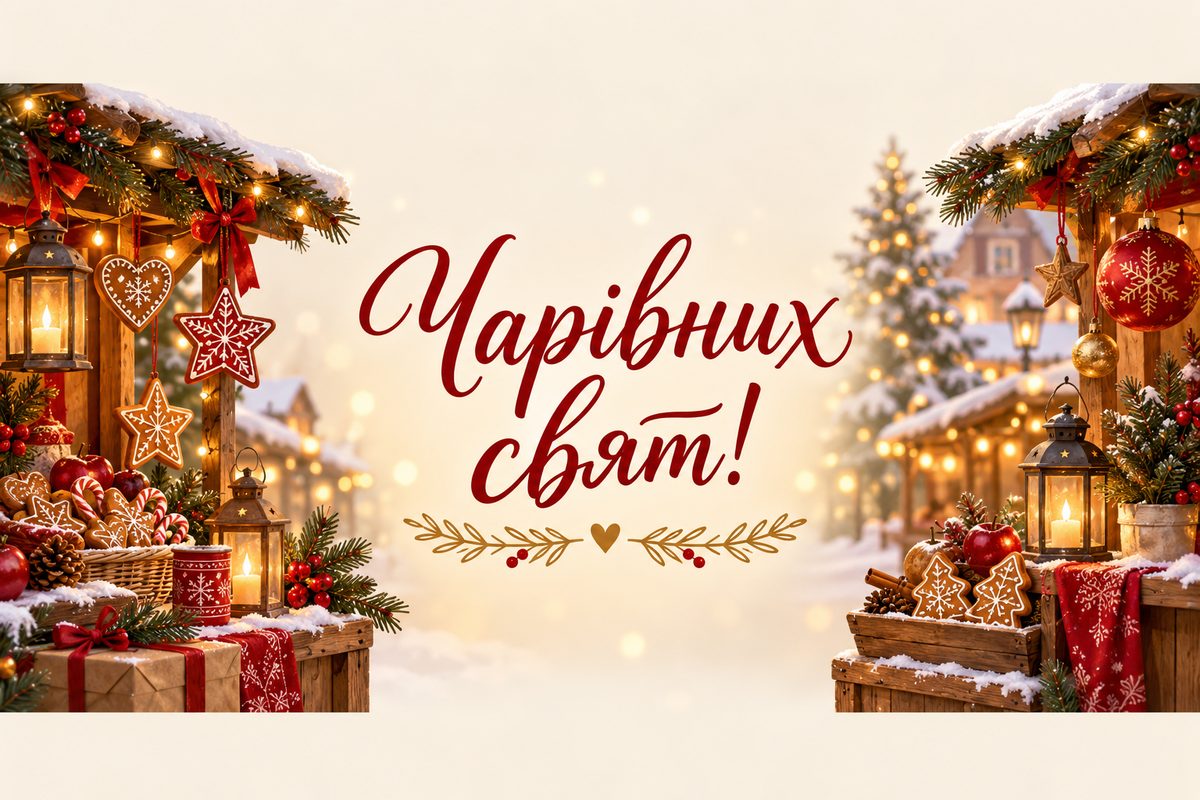 Листівка з Новим роком: новорічний ярмарок, напис «Чарівних свят!»