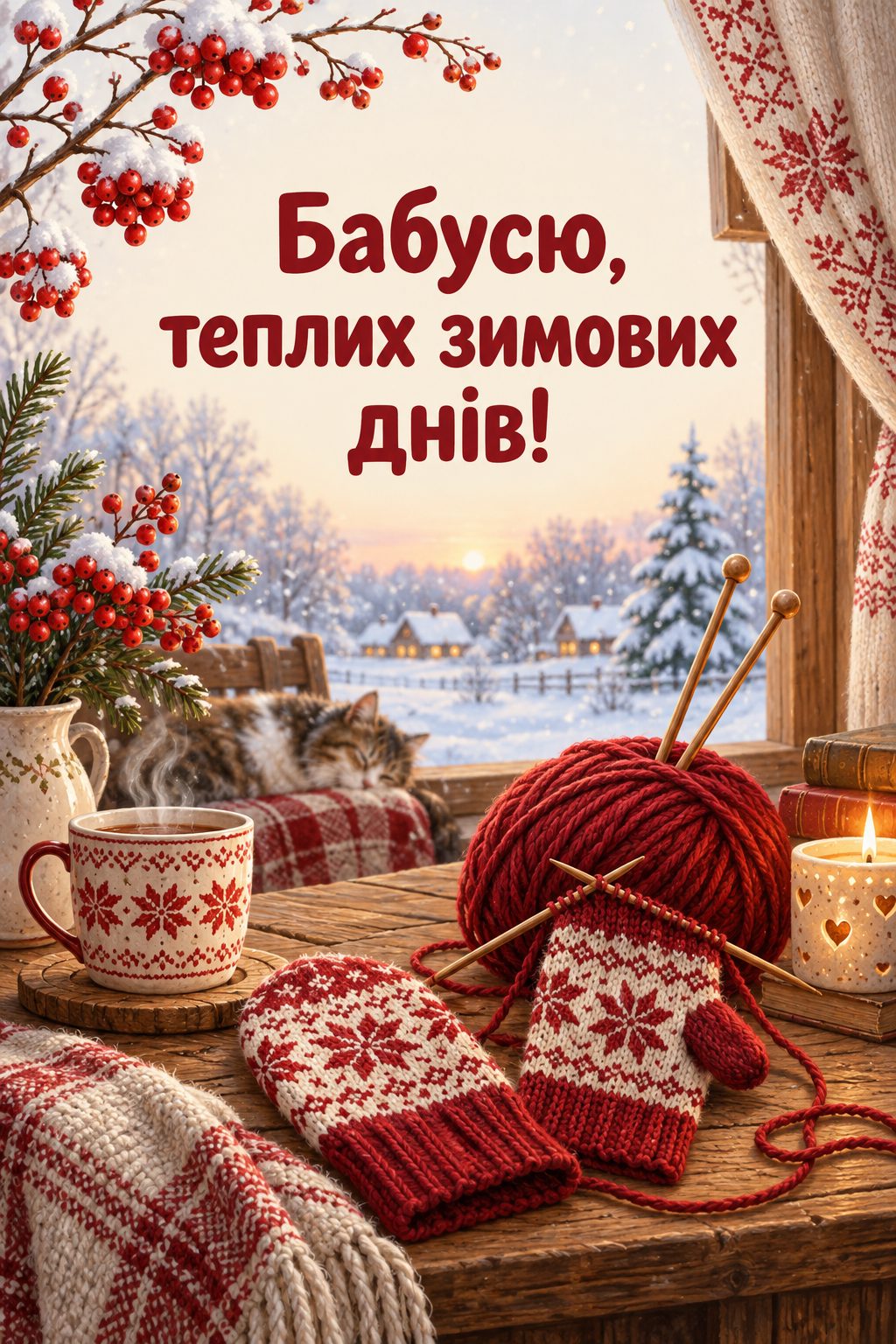 Листівка з першим днем зими: клубок вовни зі спицями й недов'язані рукавички, напис «Бабусю, теплих зимових днів!»