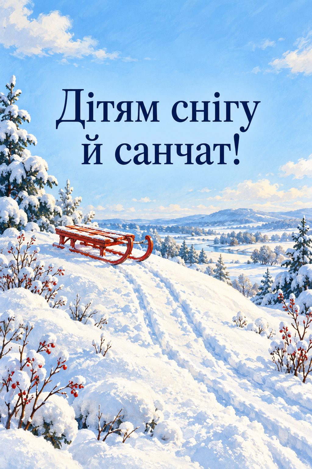 Листівка з першим днем зими: засніжена гірка зі слідами санчат і червоні санки, напис «Дітям снігу й санчат!»
