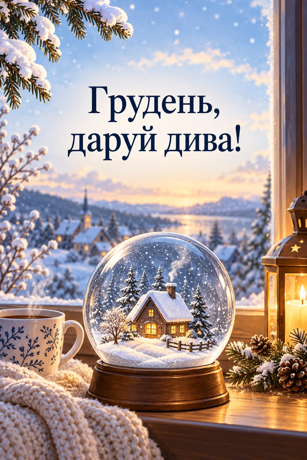 Листівка з першим днем зими: скляна снігова куля з маленьким будиночком на підвіконні, напис «Грудень, даруй дива!»