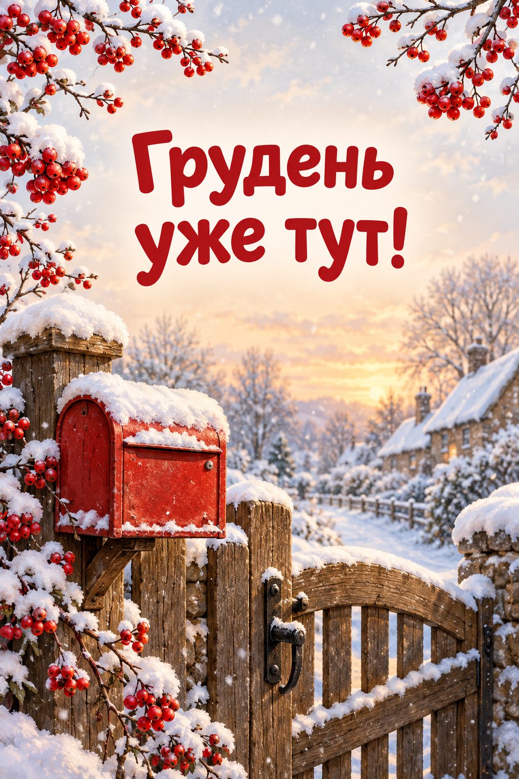 Листівка з першим днем зими: поштова скринька під шапкою снігу біля хвіртки, напис «Грудень уже тут!»