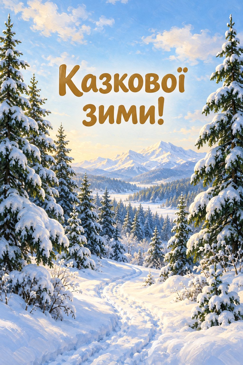 Листівка з першим днем зими: засніжений ялиновий ліс зі стежкою, напис «Казкової зими!»
