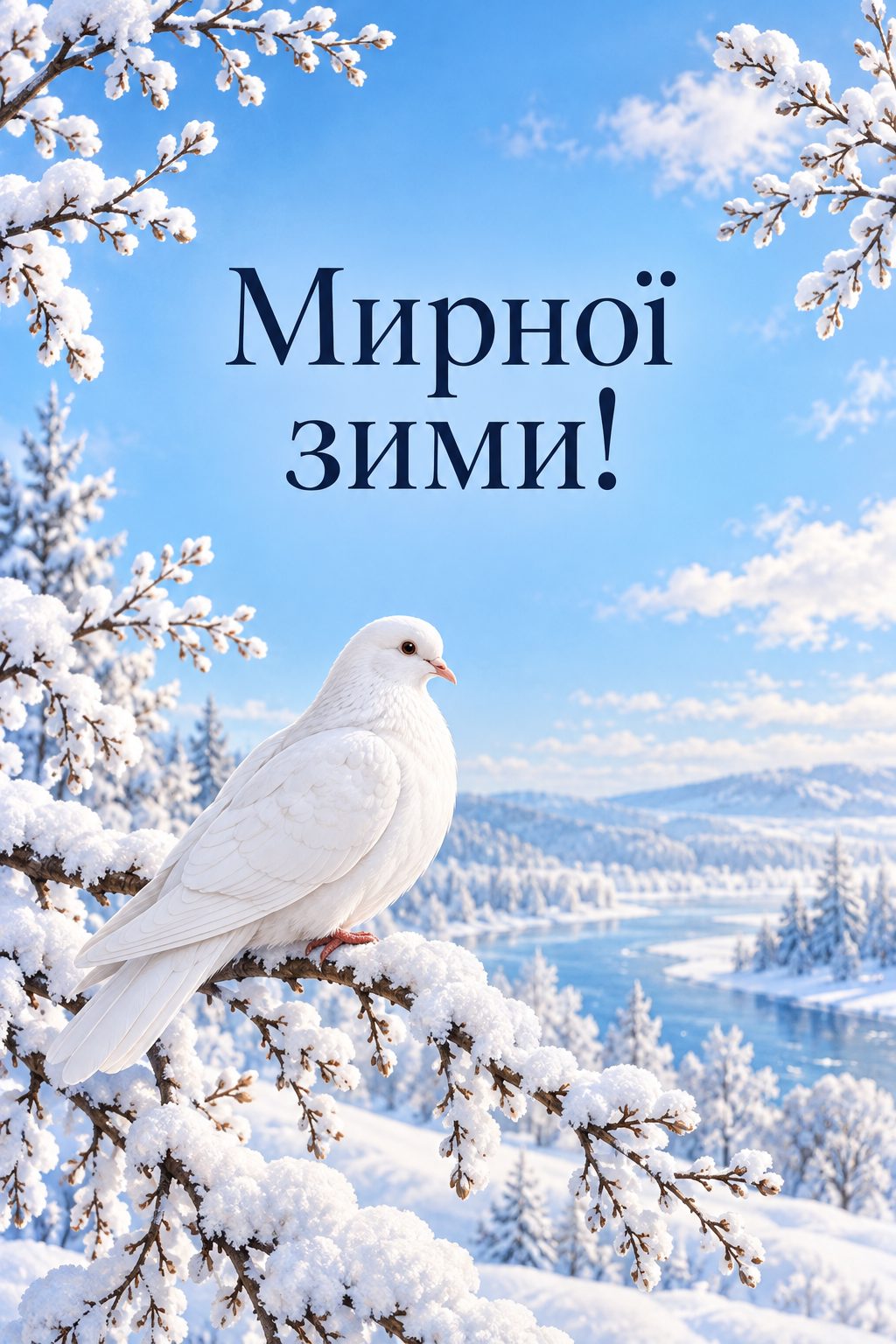 Листівка з першим днем зими: білий голуб на засніженій гілці, напис «Мирної зими!»