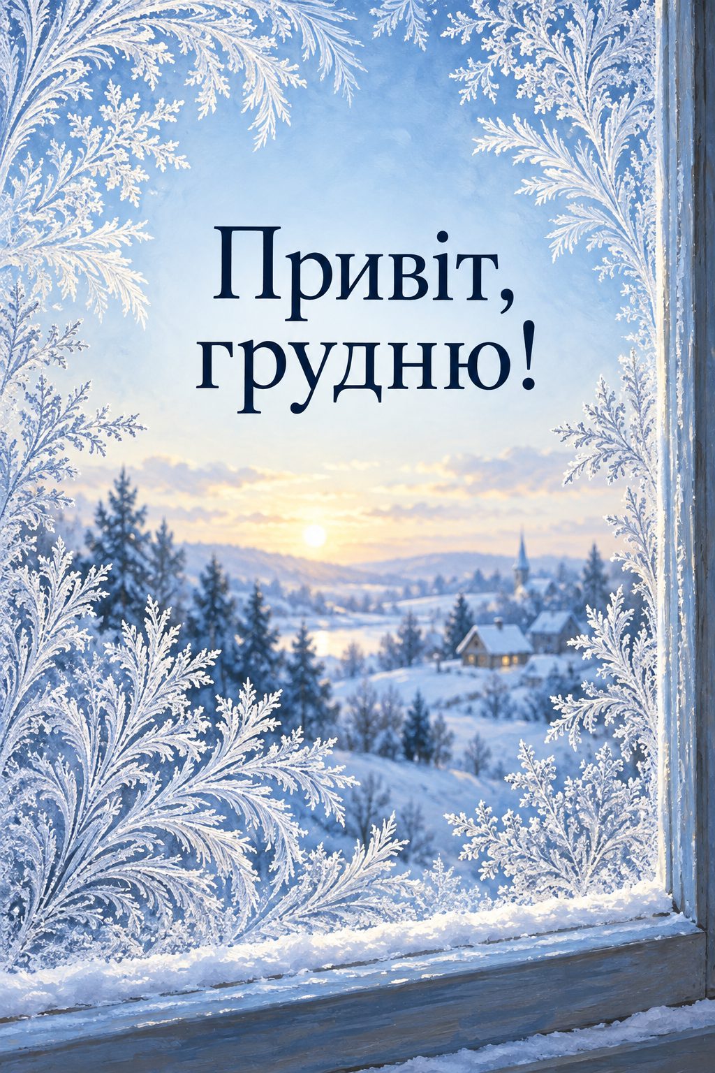 Листівка з першим днем зими: морозні візерунки на шибці в ранковому світлі, напис «Привіт, грудню!»