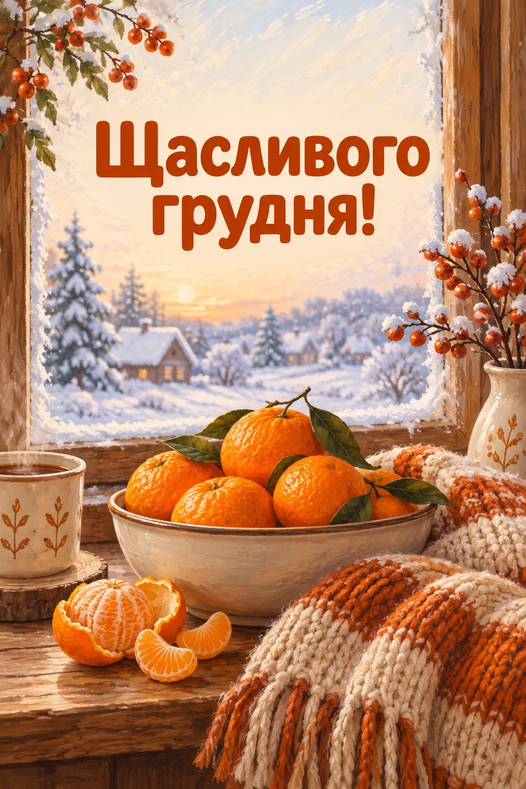 Листівка з першим днем зими: миска мандаринів і в'язаний шарф біля вікна зі снігом, напис «Щасливого грудня!»